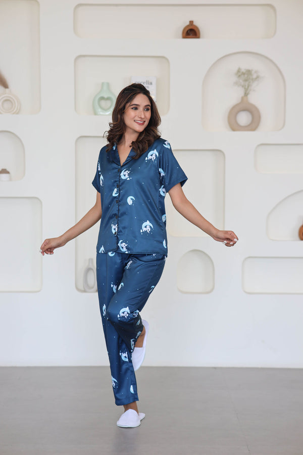 Smarty Pants Women's Silk Satin Teal Blue Color Baby Elephant Printed Night Suit