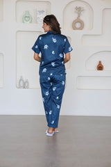 Smarty Pants Women's Silk Satin Teal Blue Color Baby Elephant Printed Night Suit