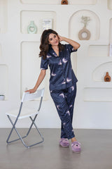 Smarty Pants Women's Silk Satin Teal Blue Color Moon Printed Night Suit