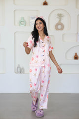 Smarty Pants Women's Silk Satin Pastel Pink Color Seashells Print Night Suit