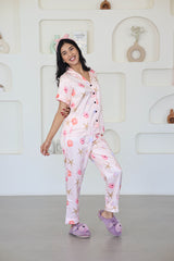 Smarty Pants Women's Silk Satin Pastel Pink Color Seashells Print Night Suit