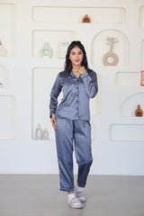 Smarty Pants Women's Silk Satin Dark Grey Night Suit
