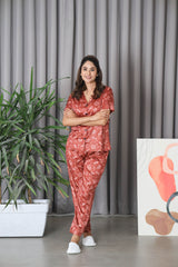 Smarty Pants Women's Silk Satin Pastel Brown Color Floral Print Night Suit