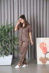 Smarty Pants Women's Silk Satin Chocolate Brown Color Aztec Printed Night Suit