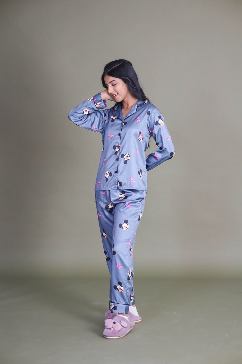 Smarty Pants Women's Silk Satin Grey Color Minnie Mouse Print Full Sleeves Night Suit