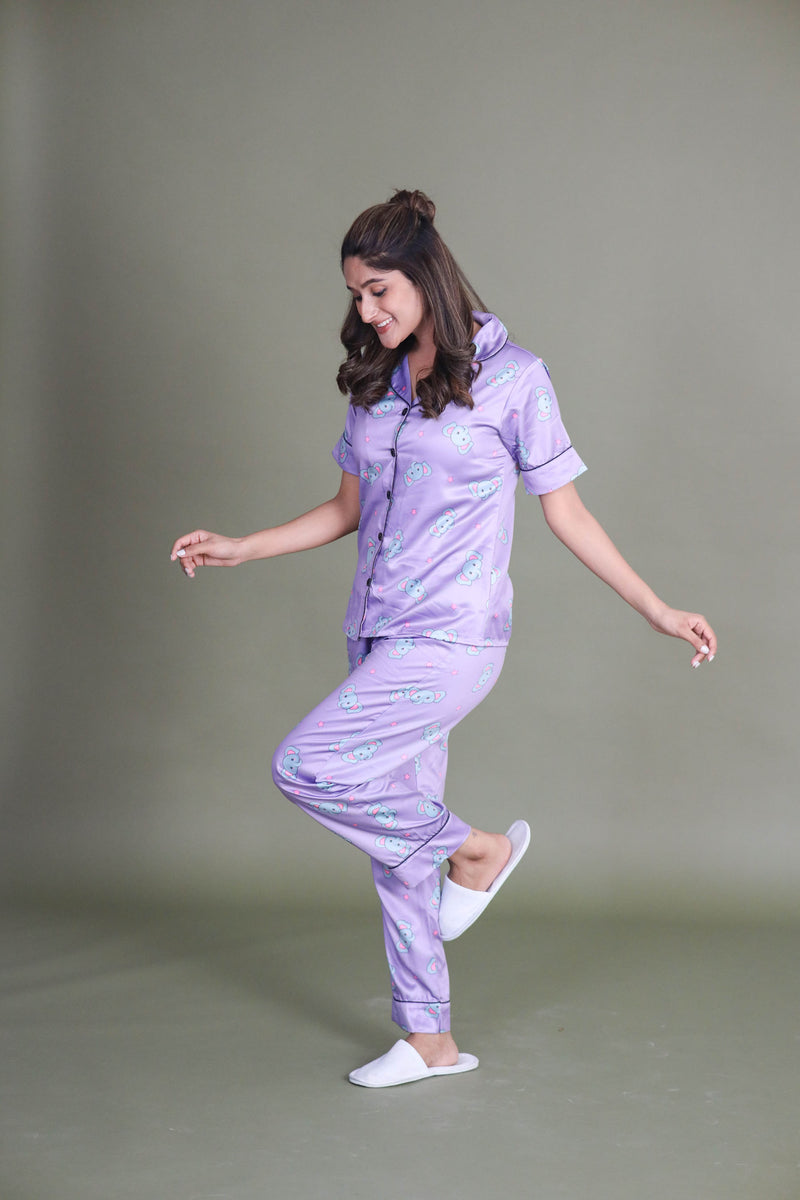 Smarty Pants Women's Silk Satin Lilac Color Baby Elephant Print Night Suit