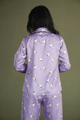 Smarty Pants Women's Silk Satin Lilac Color Snoopy Print Full Sleeves Night Suit