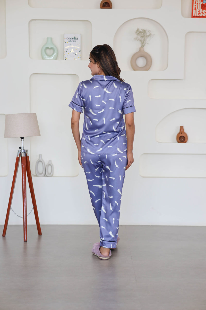 Smarty Pants Women's Silk Satin Lavender Color Feather Print Night Suit