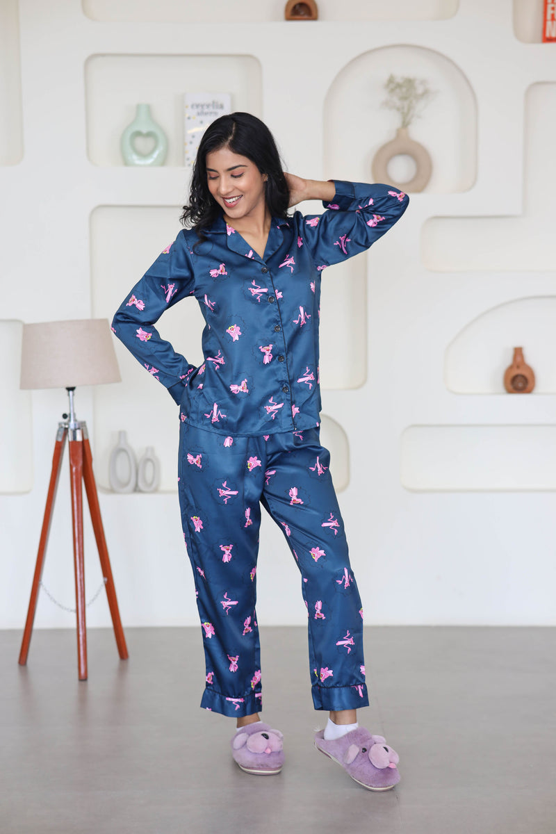 Smarty Pants Women's Silk Satin Teal Blue Color Pink Panther Print Full Sleeves Night Suit
