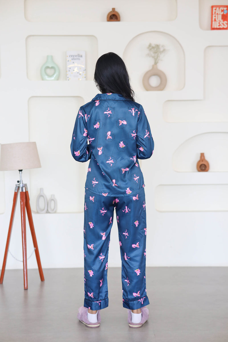 Smarty Pants Women's Silk Satin Teal Blue Color Pink Panther Print Full Sleeves Night Suit