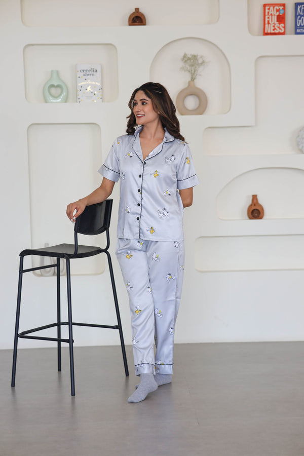 Smarty Pants Women's Silk Satin Grey Color Snoopy Print Night Suit
