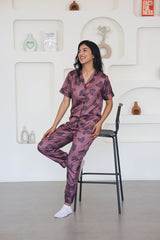 Smarty Pants Women's Silk Satin Chocolate Color Paw Print Night Suit