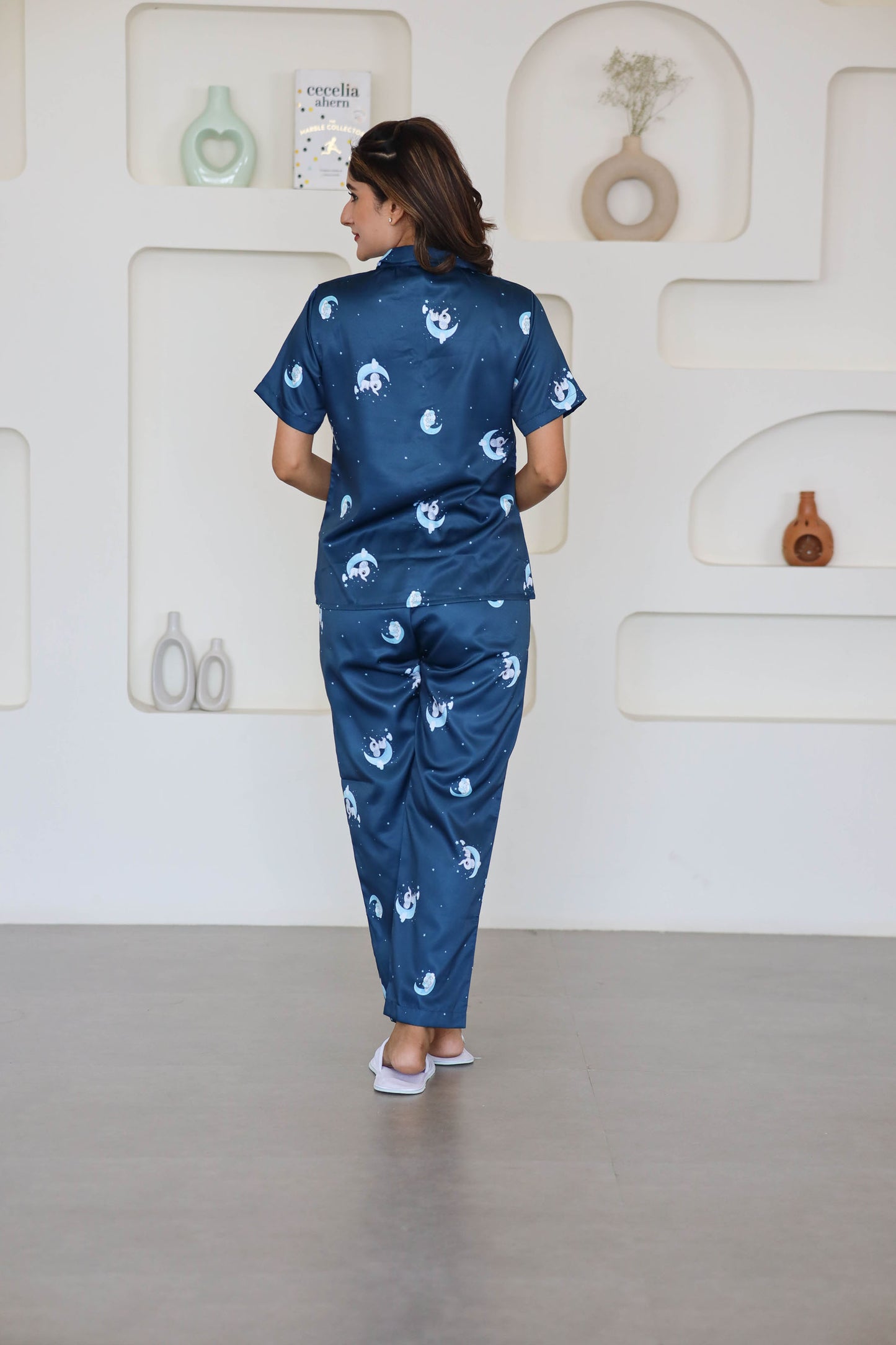 Women's Silk Satin Teal Blue Color Baby Elephant Printed Night Suit