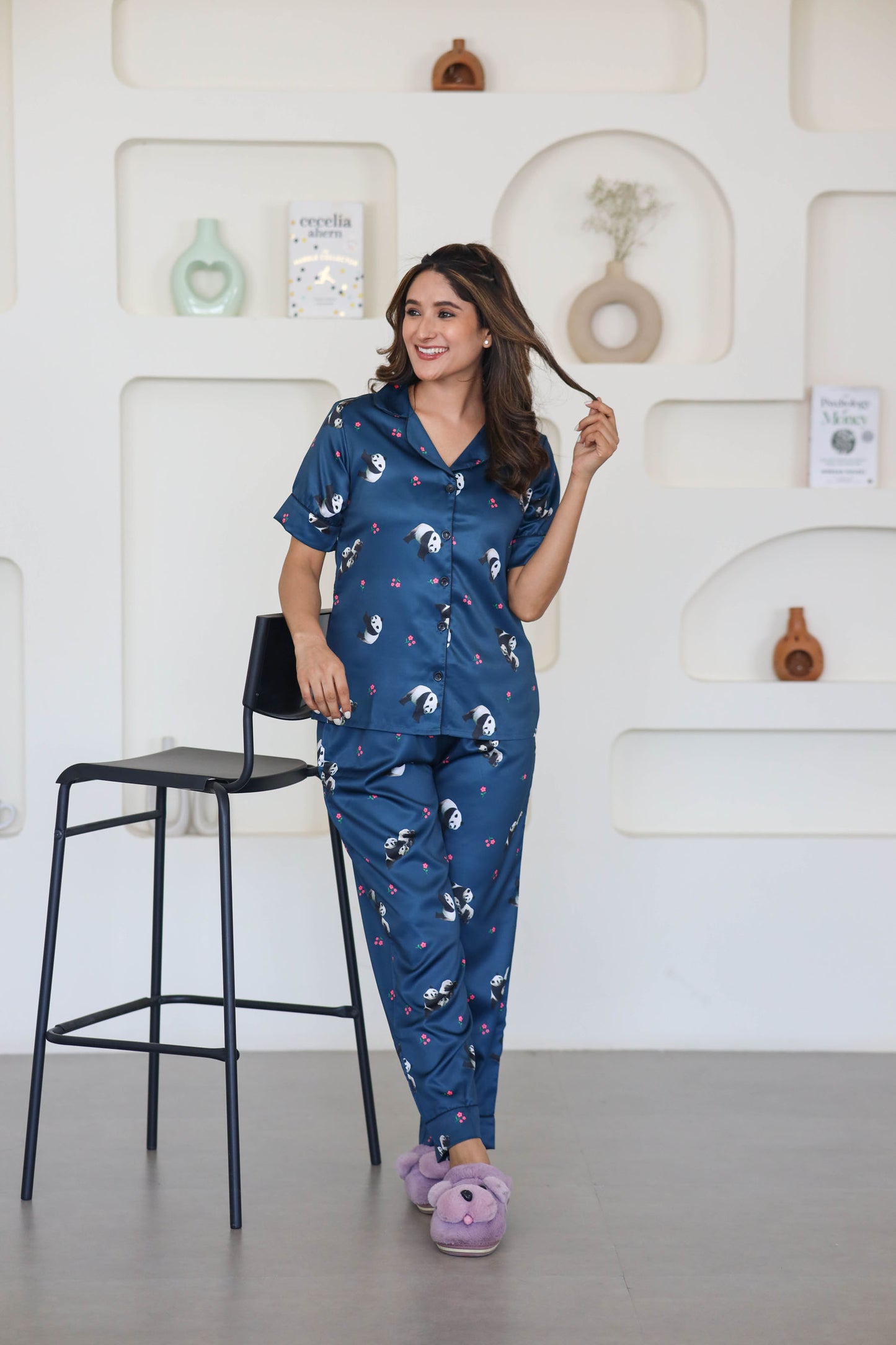 Women's Silk Satin Teal Blue Color Panda Print Night Suit