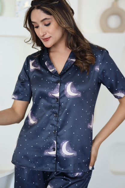 Women's Silk Satin Teal Blue Color Moon Printed Night Suit