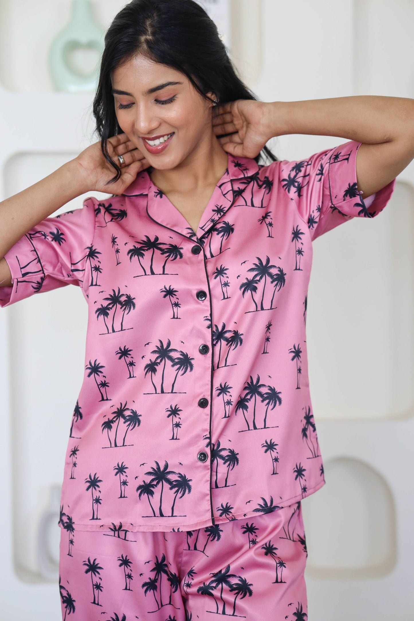 Women's Silk Satin Pink Color Palm Tree Printed Night Suit