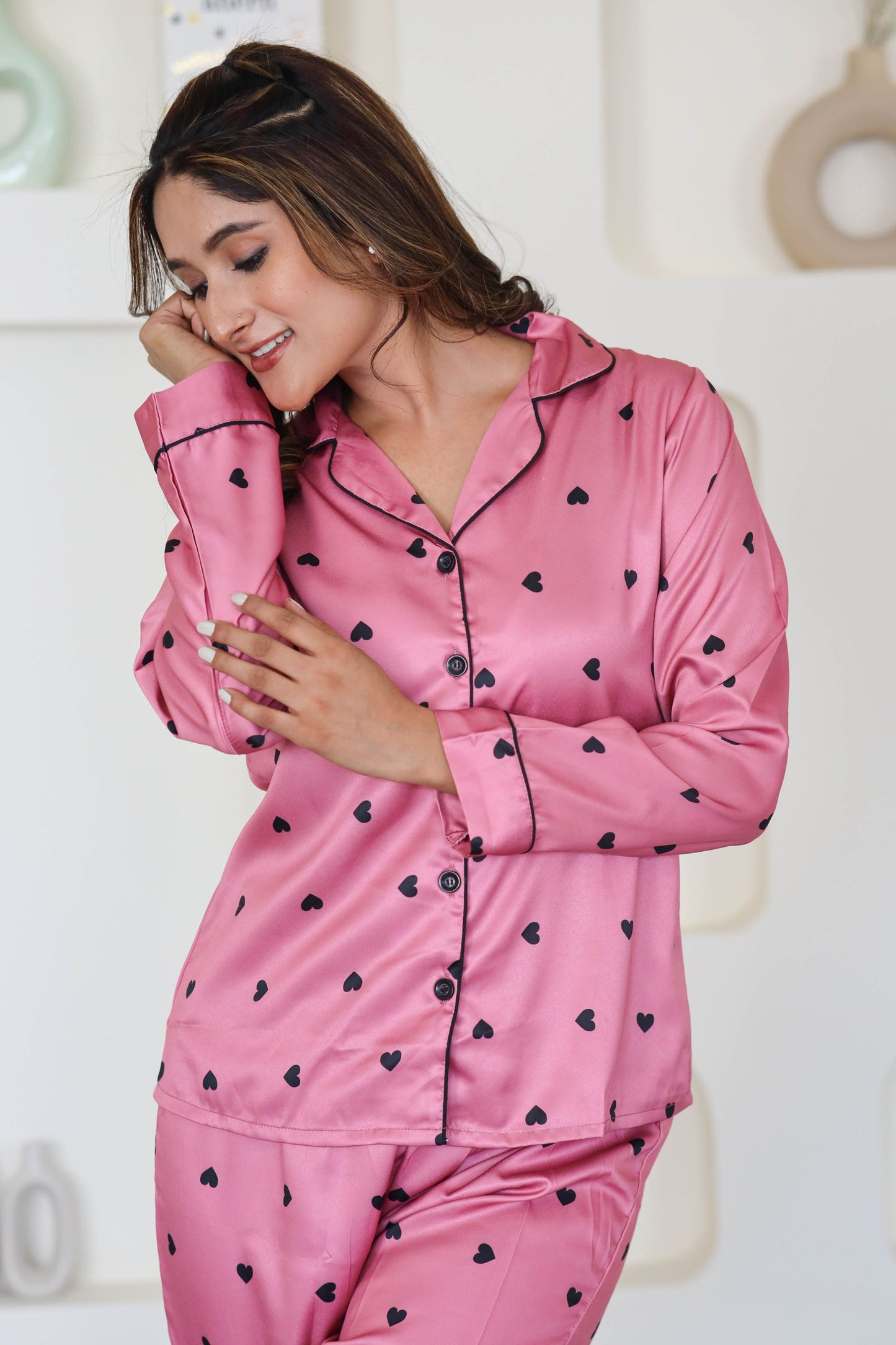 Women's Silk Satin Rose Gold Color Heart Print Full Sleeves Night Suit