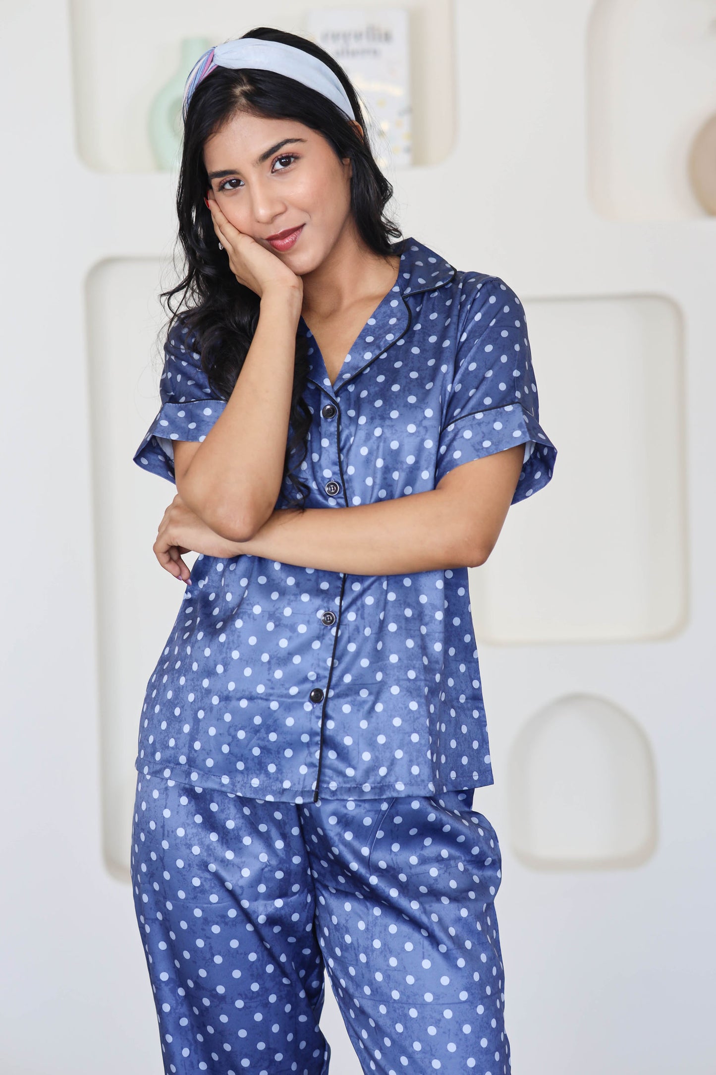 Women's Silk Satin Blue Color Polka Dot Night Suit