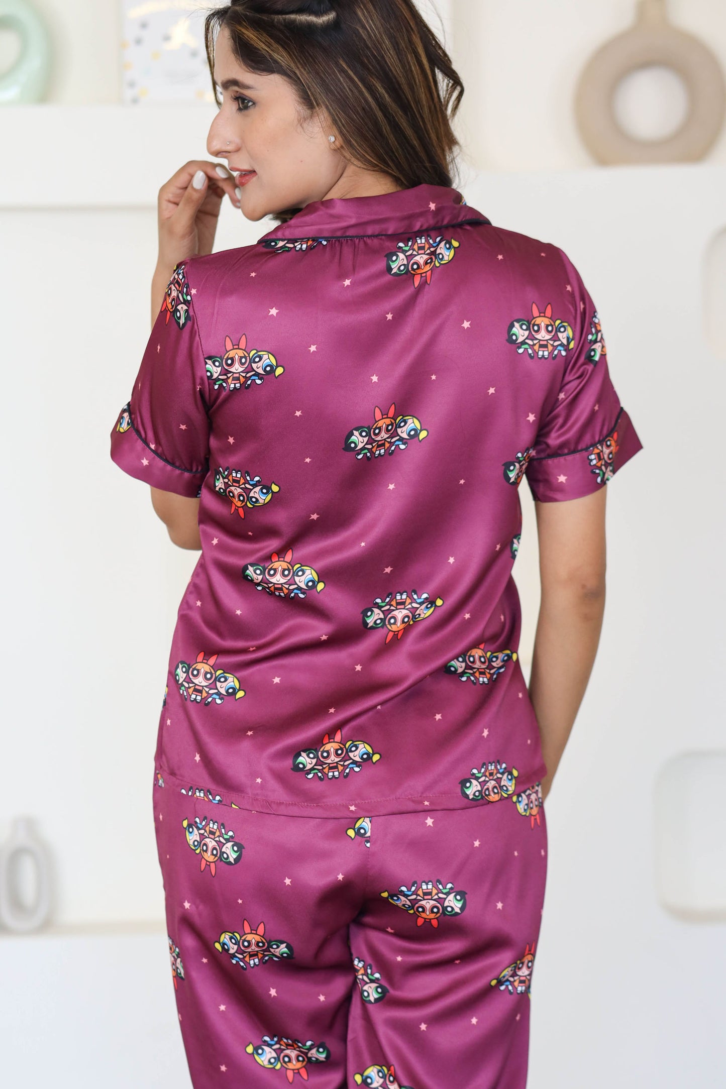 Women's Silk Satin Maroon Color Power Puff Girl Cartoon Print Night Suit