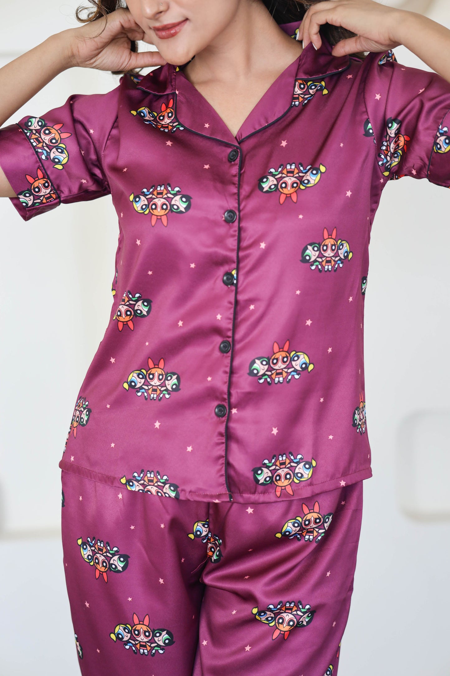 Women's Silk Satin Maroon Color Power Puff Girl Cartoon Print Night Suit