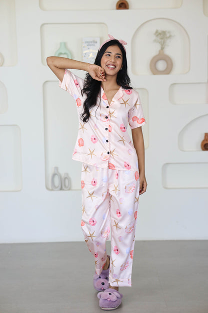 Women's Silk Satin Pastel Pink Color Seashells Print Night Suit