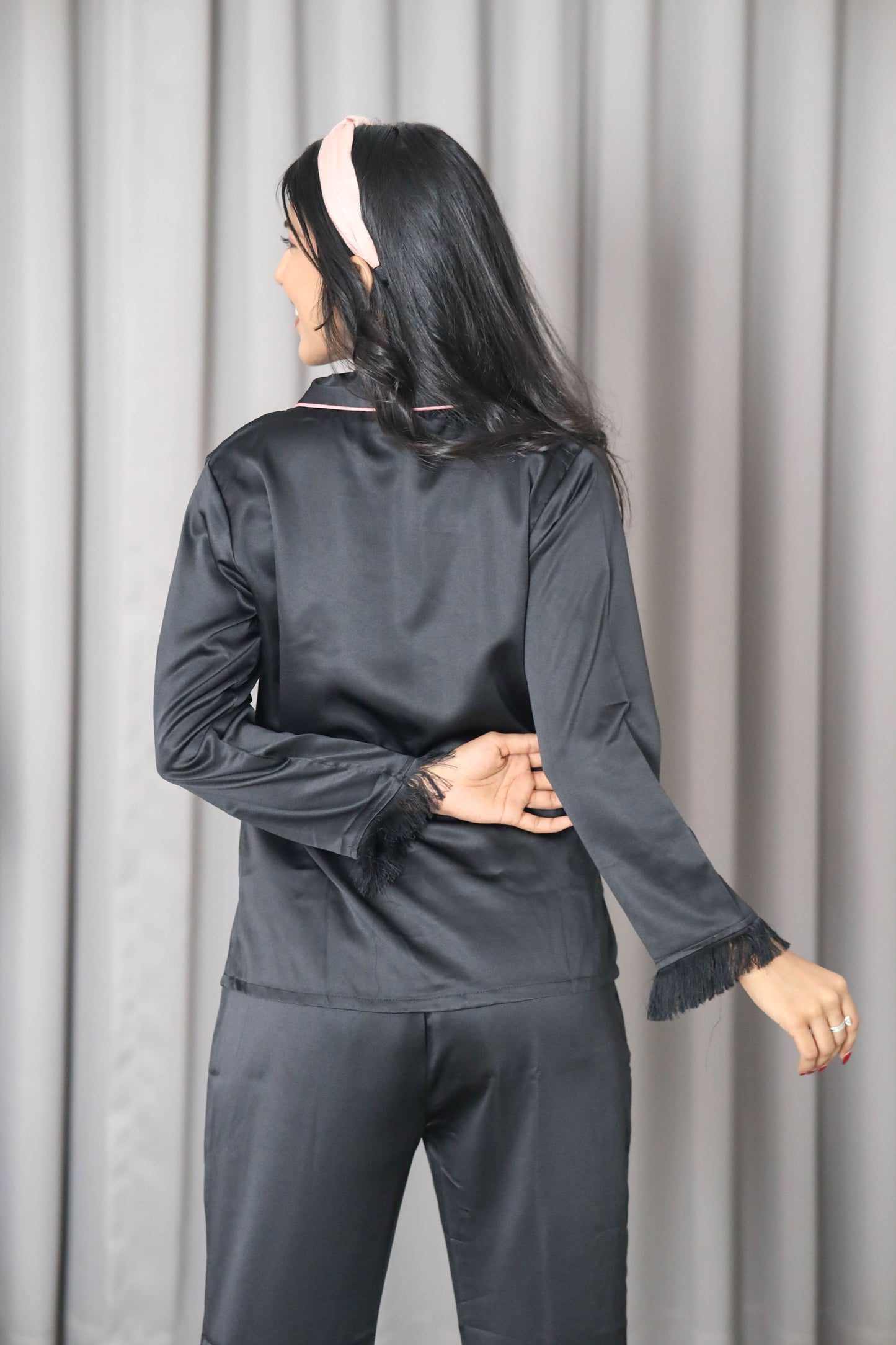 Women's Silk Satin Shawl Collar Black Color Fringed Night Suit Pair