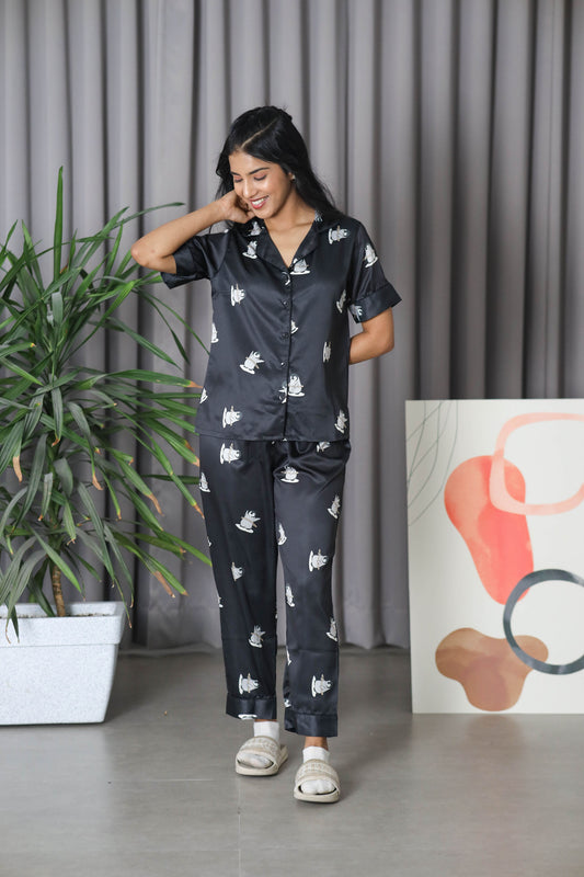 Women's Silk Satin Black Color Penguin Printed Night Suit