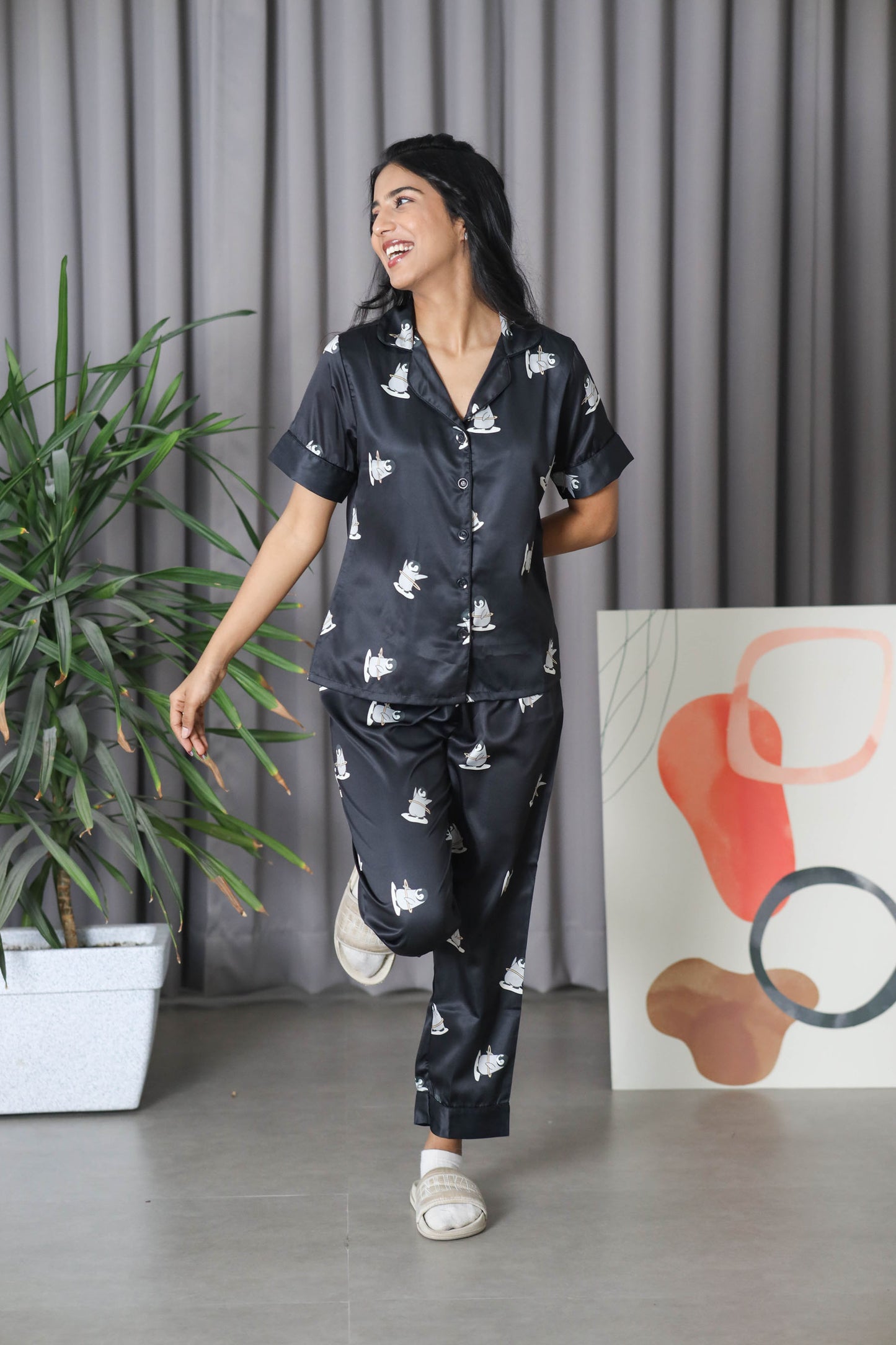 Women's Silk Satin Black Color Penguin Printed Night Suit