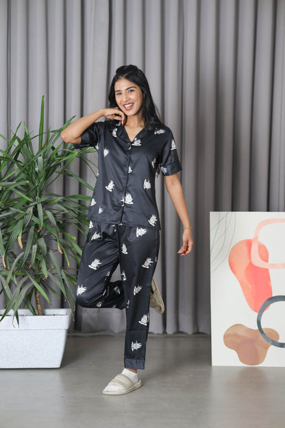 Women's Silk Satin Black Color Penguin Printed Night Suit