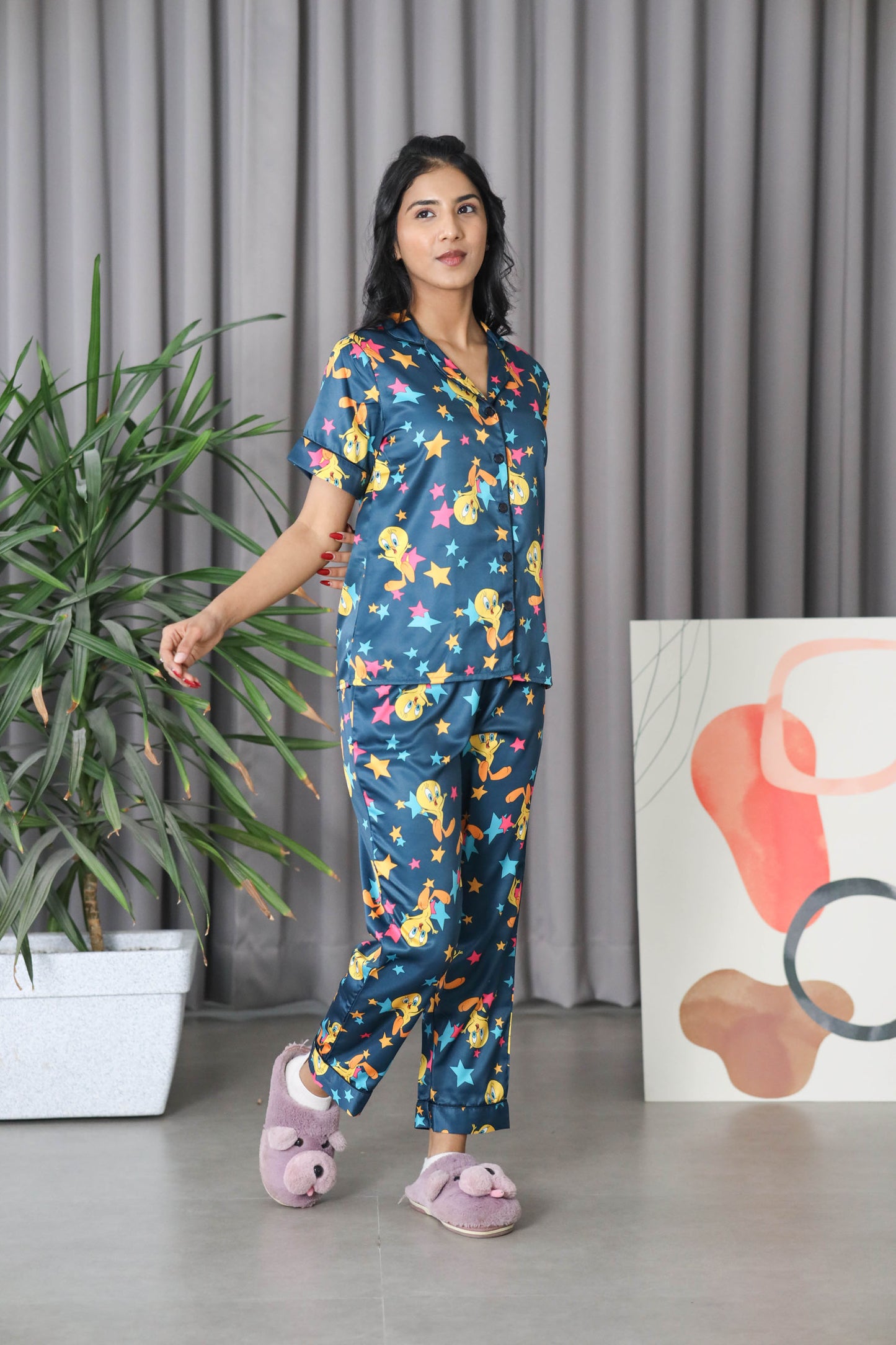 Women's Silk Satin Teal Blue Tweety Print Night Suit