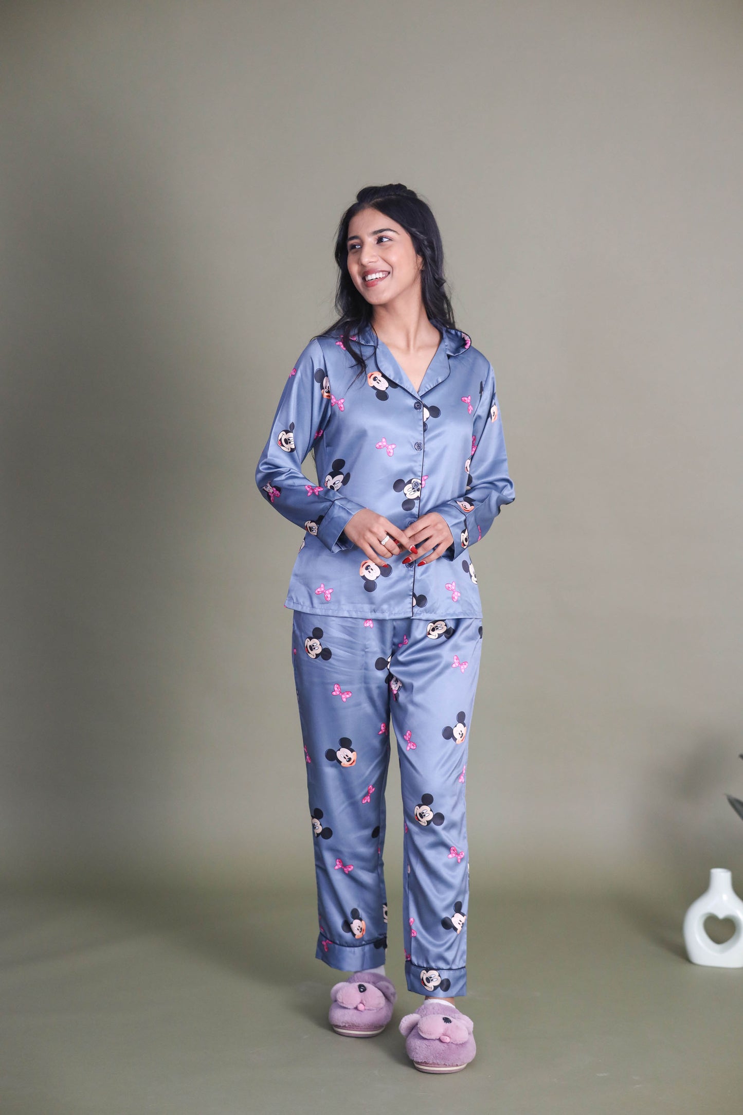 Women's Silk Satin Grey Color Minnie Mouse Print Full Sleeves Night Suit