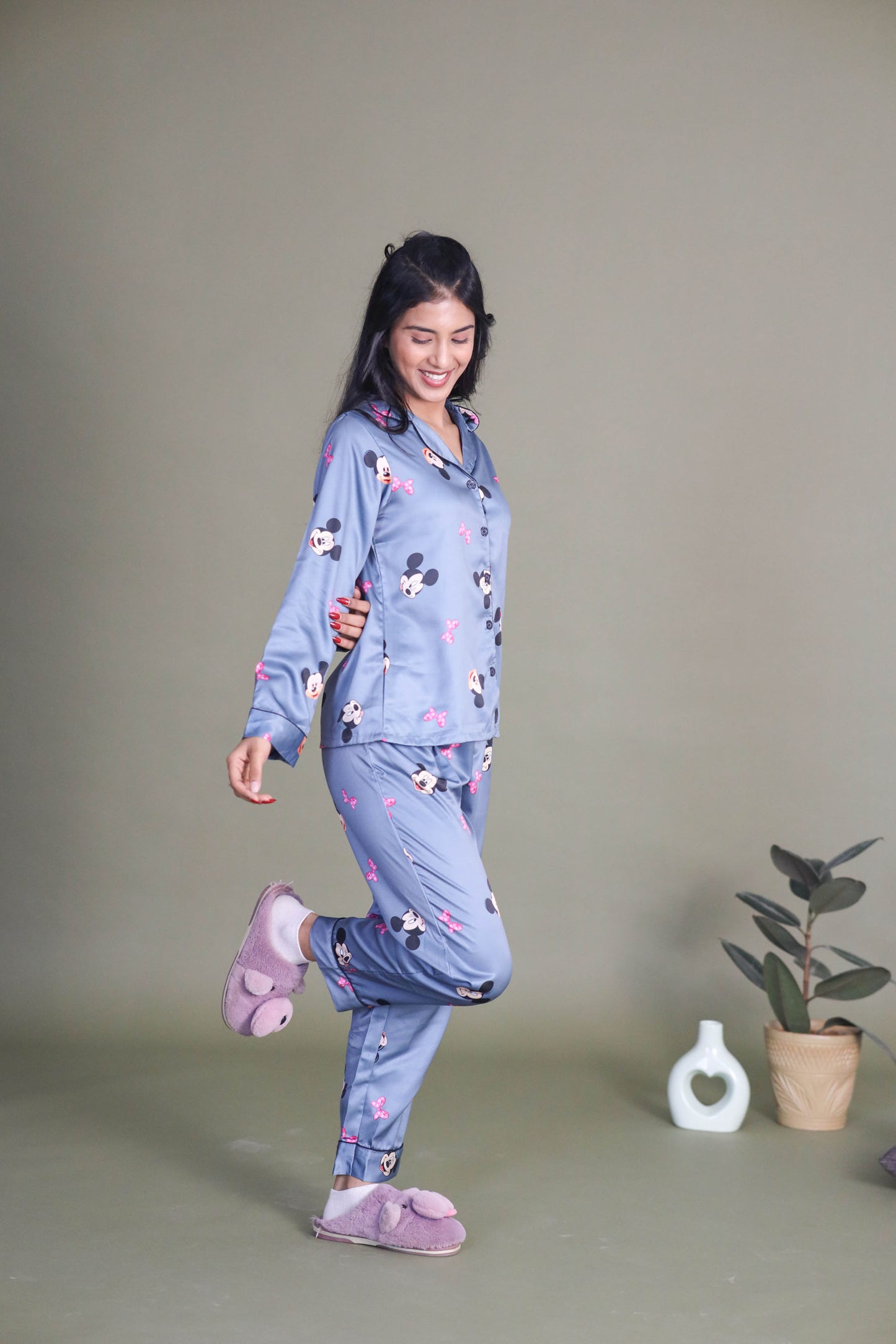 Women's Silk Satin Grey Color Minnie Mouse Print Full Sleeves Night Suit