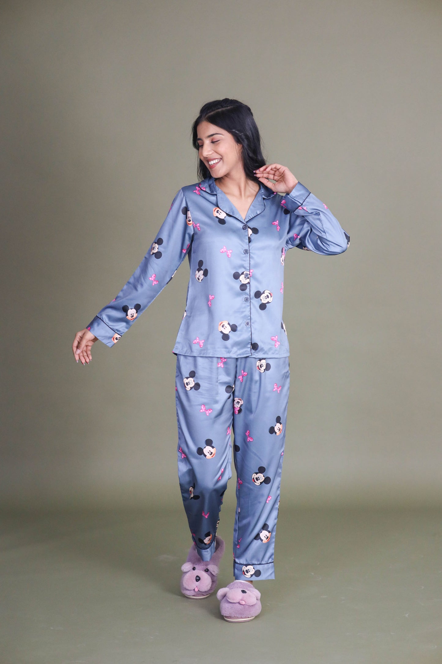 Women's Silk Satin Grey Color Minnie Mouse Print Full Sleeves Night Suit