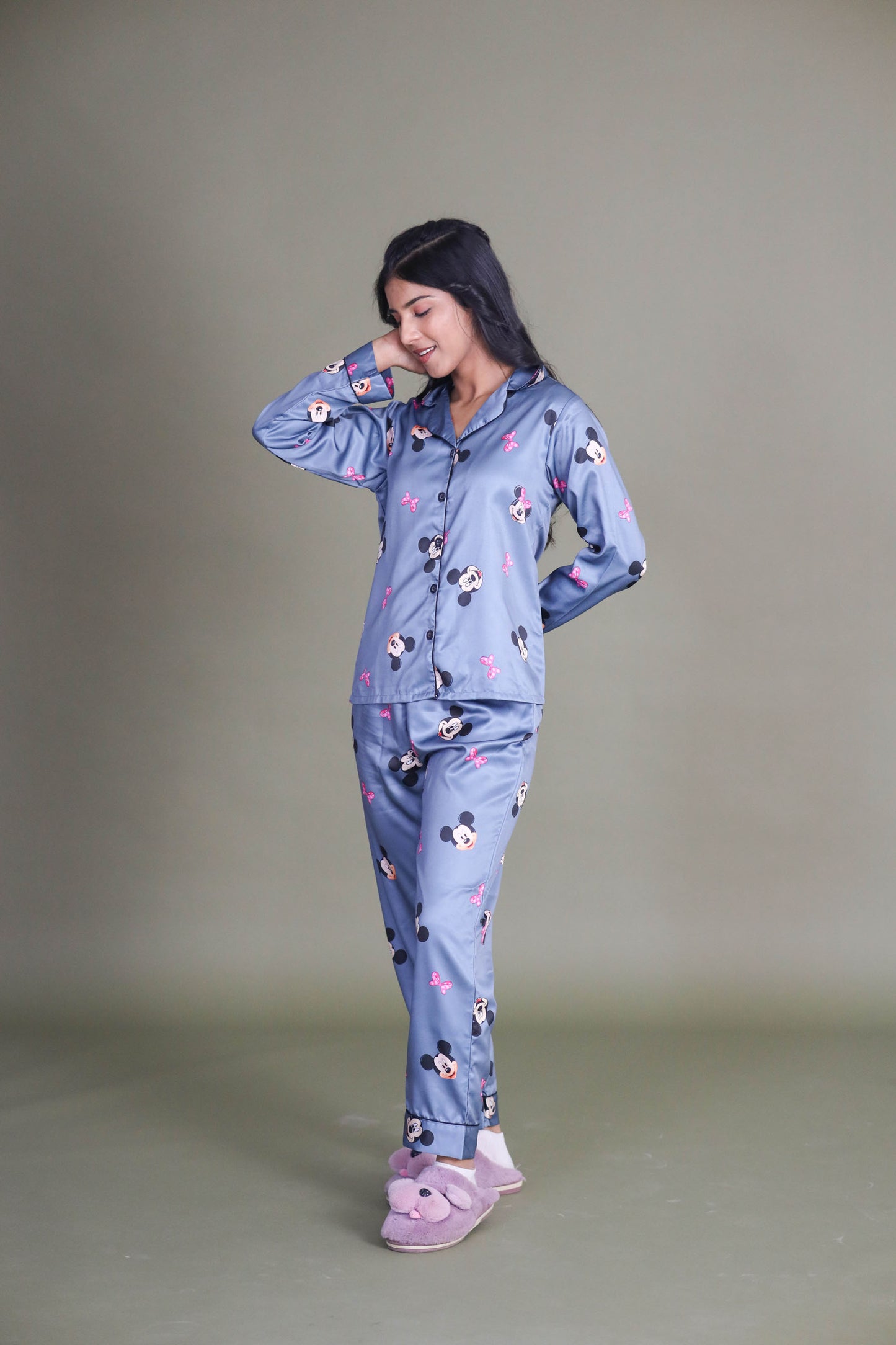 Women's Silk Satin Grey Color Minnie Mouse Print Full Sleeves Night Suit