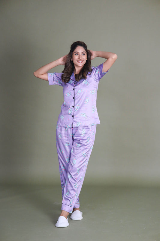 Women's Silk Satin Lilac Color Baby Elephant Print Night Suit