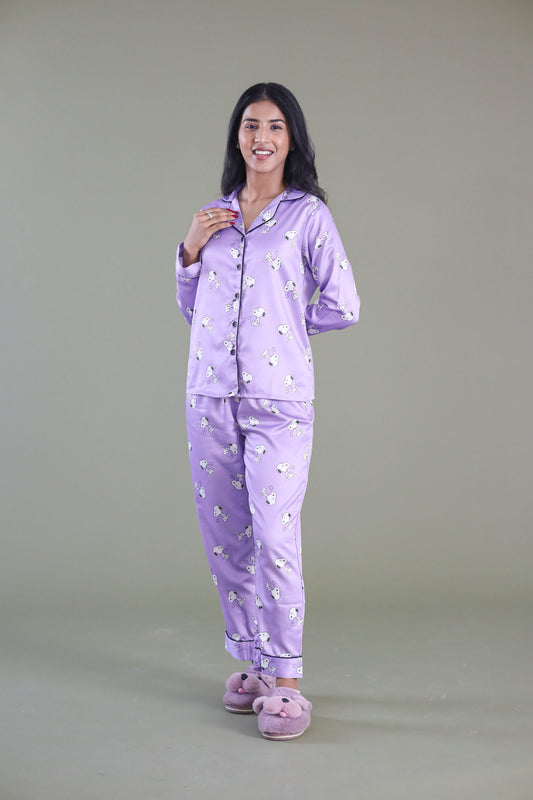 Women's Silk Satin Lilac Color Snoopy Print Full Sleeves Night Suit