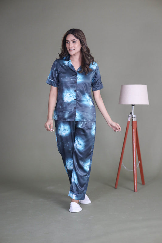 Women's Silk Satin Blue Color Dolphin Print Night Suit