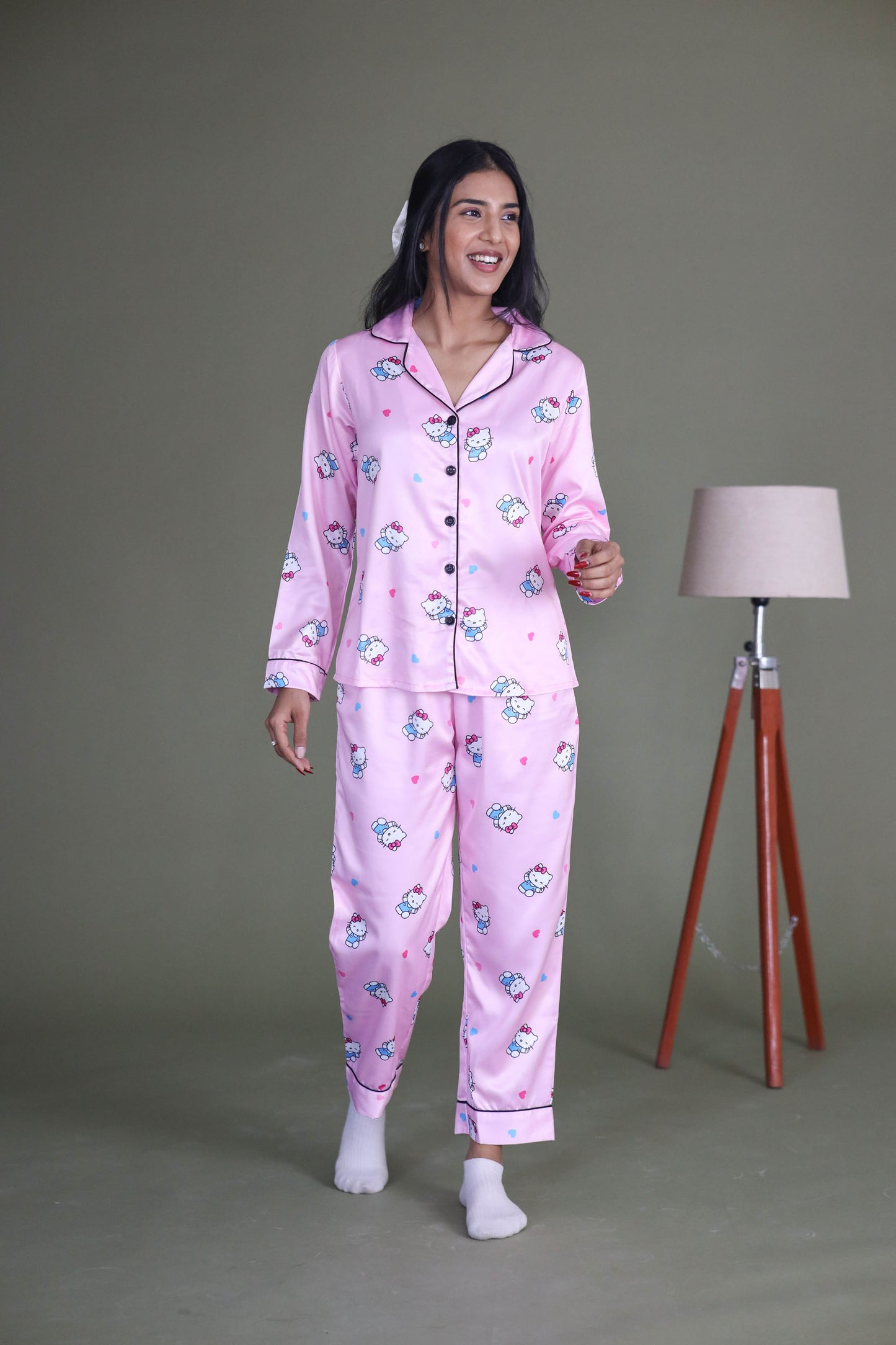 Women's Silk Satin Pastel Pink Color Hello Kitty Print Full Sleeves Night Suit