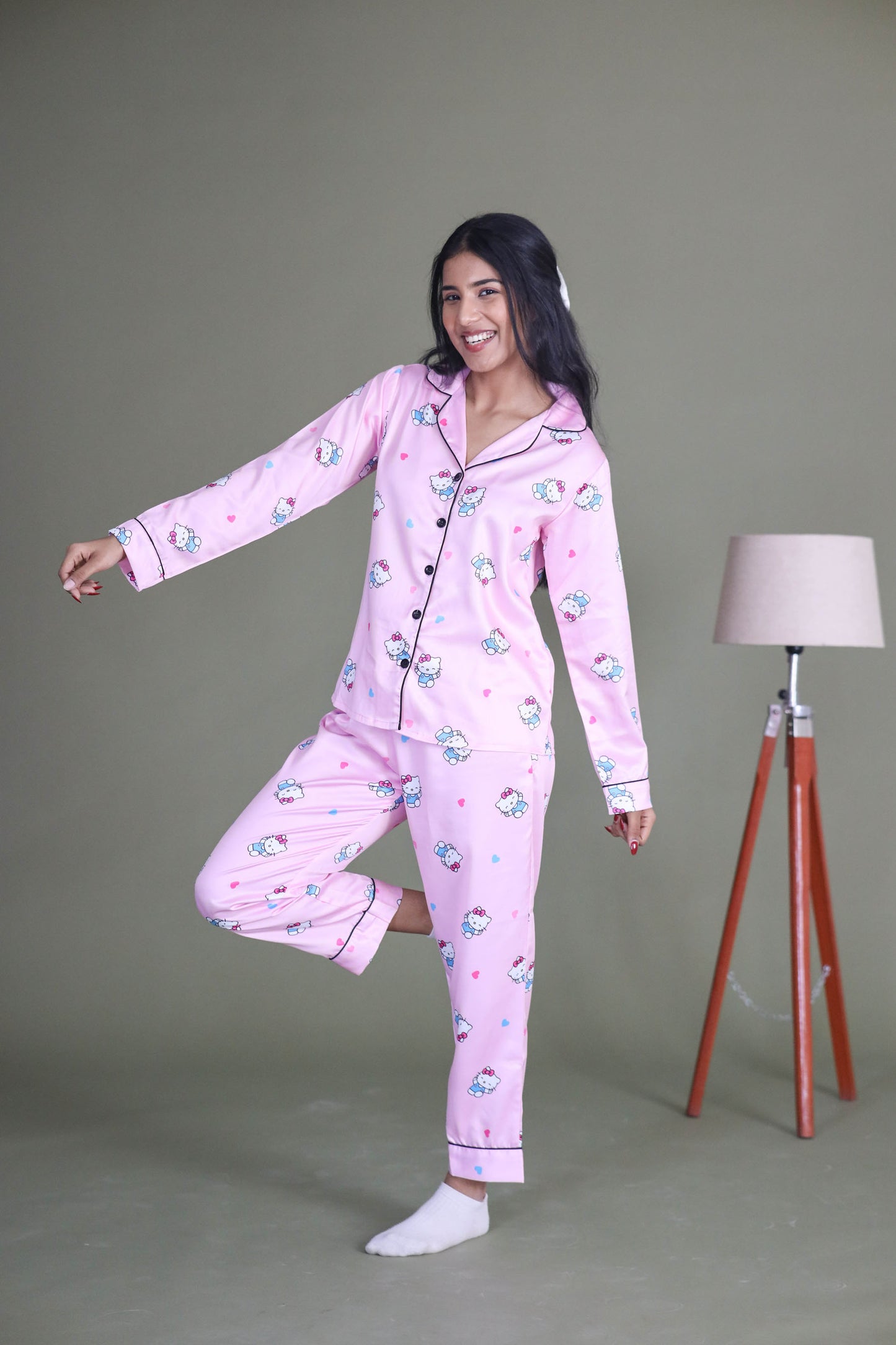 Women's Silk Satin Pastel Pink Color Hello Kitty Print Full Sleeves Night Suit