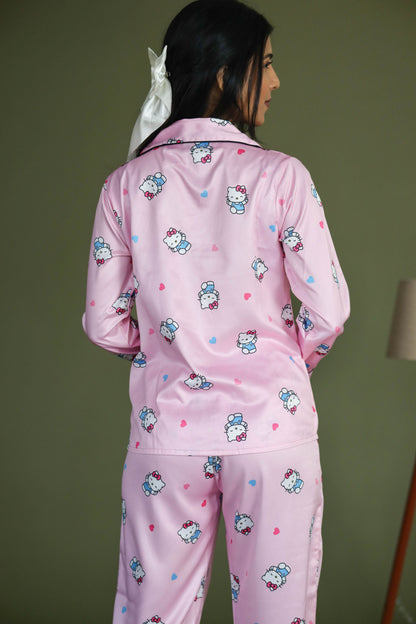 Women's Silk Satin Pastel Pink Color Hello Kitty Print Full Sleeves Night Suit