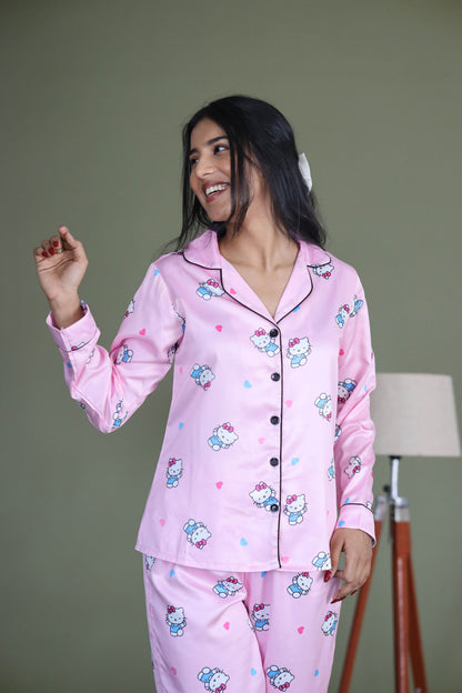 Women's Silk Satin Pastel Pink Color Hello Kitty Print Full Sleeves Night Suit