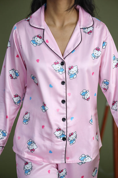 Women's Silk Satin Pastel Pink Color Hello Kitty Print Full Sleeves Night Suit