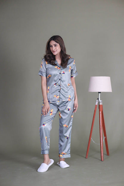 Women's Silk Satin Grey Color Stuart Little Printed Night Suit