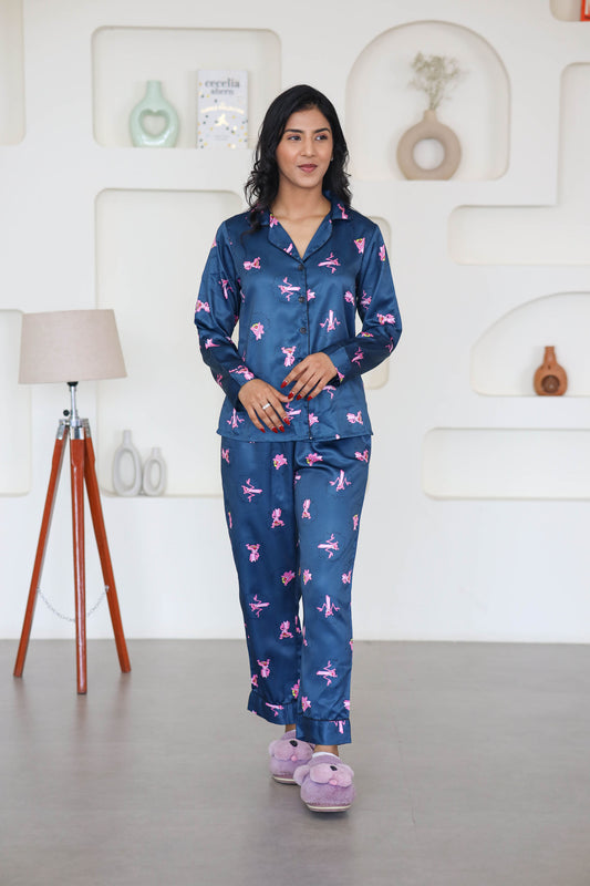 Women's Silk Satin Teal Blue Color Pink Panther Print Full Sleeves Night Suit