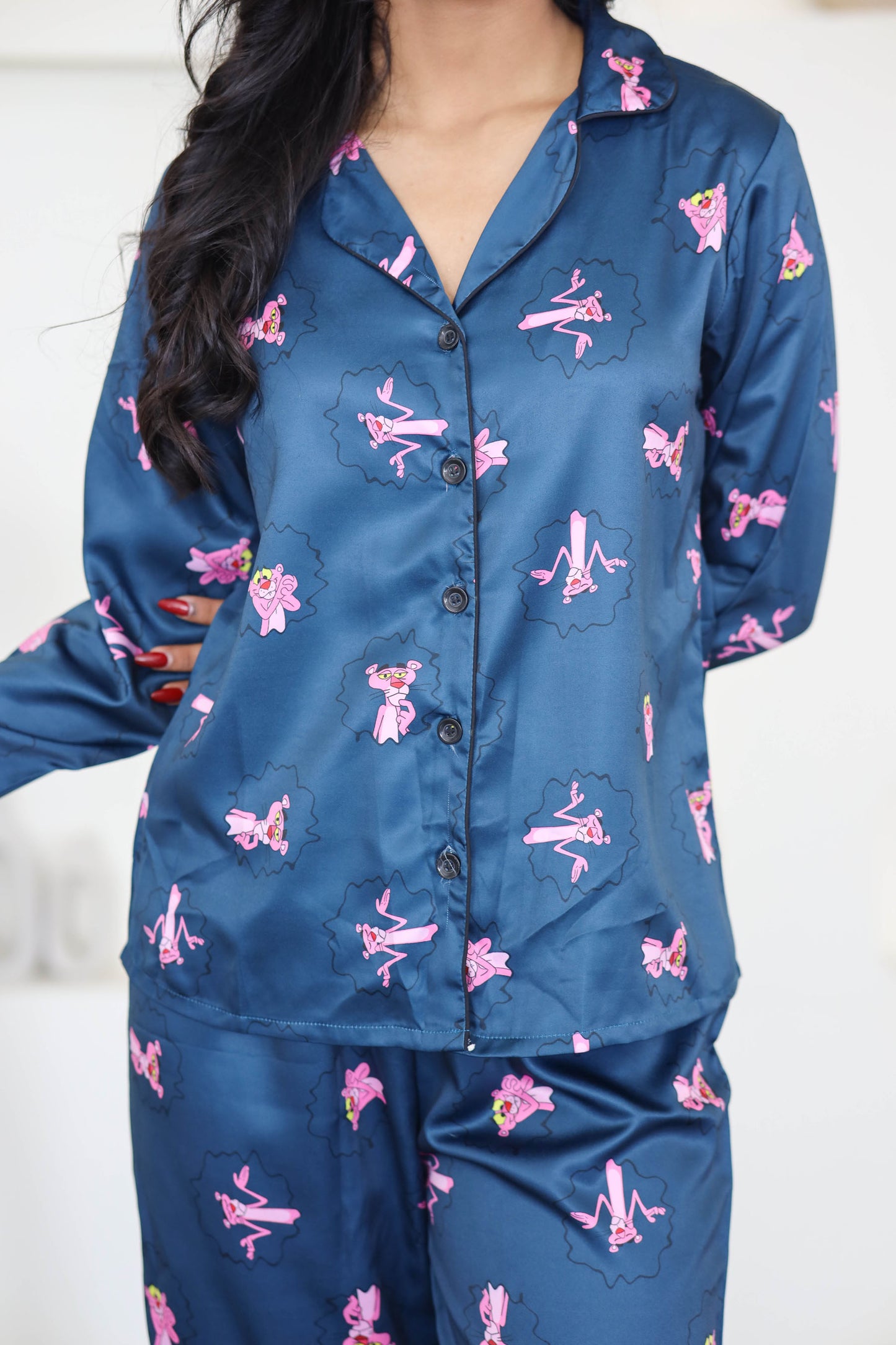 Women's Silk Satin Teal Blue Color Pink Panther Print Full Sleeves Night Suit