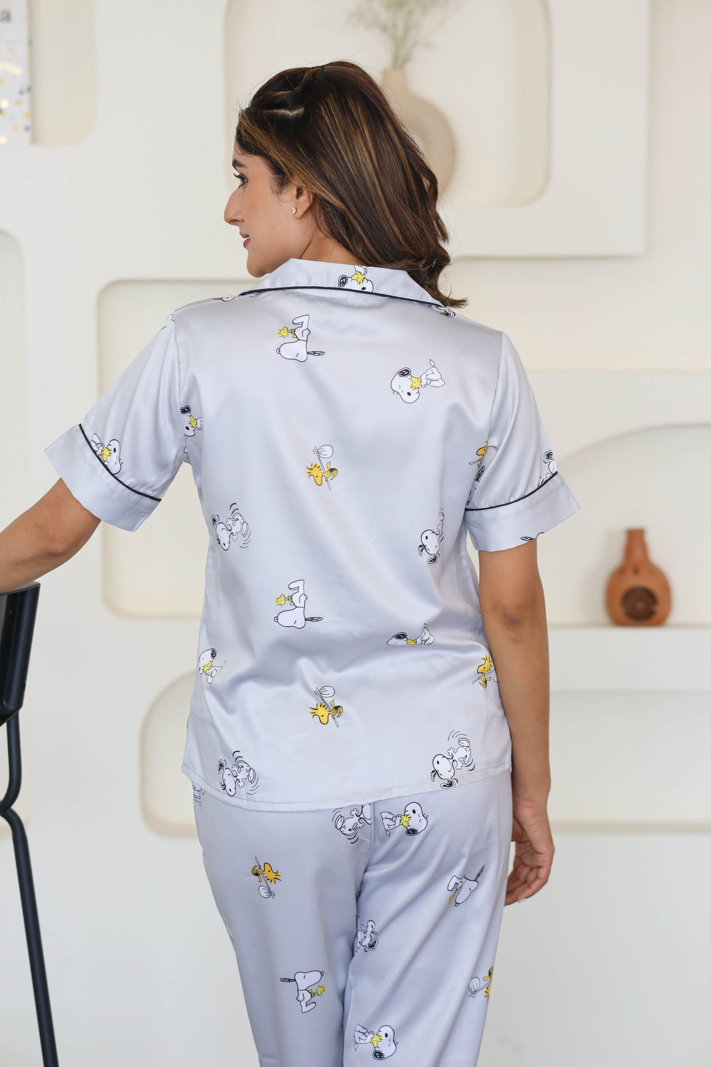 Women's Silk Satin Grey Color Snoopy Print Night Suit