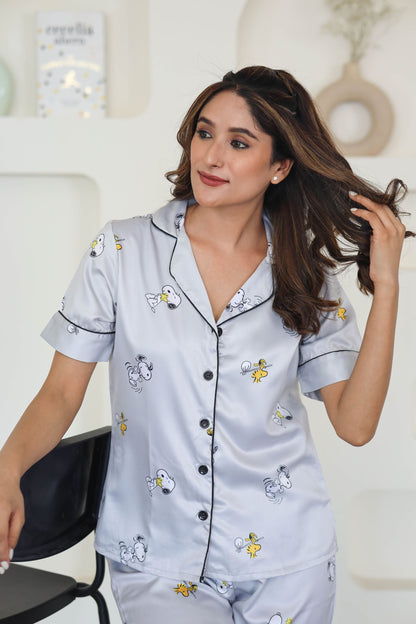 Women's Silk Satin Grey Color Snoopy Print Night Suit