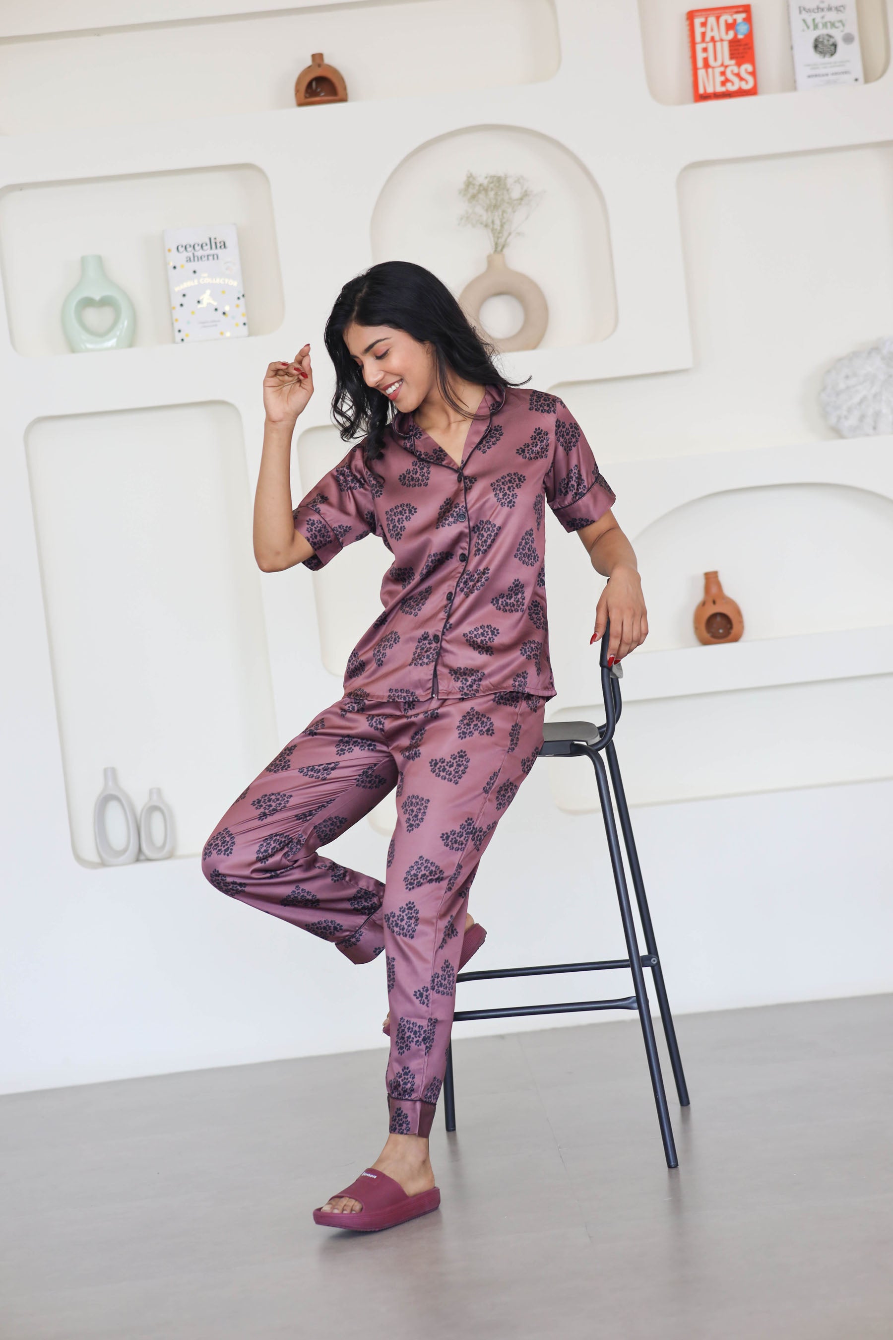 Satin printed night suit sale