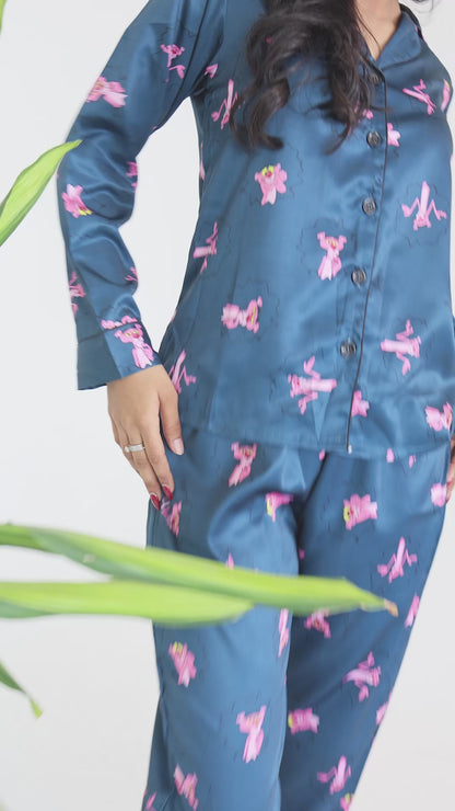 Women's Silk Satin Teal Blue Color Pink Panther Print Full Sleeves Night Suit